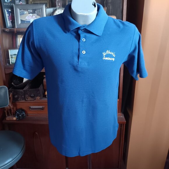 Vintage Mens Polo Shirt LARGE 80's CHAMPION KNIT EMBROIDERED SEMINARY BLUE GOLF - Picture 2 of 9